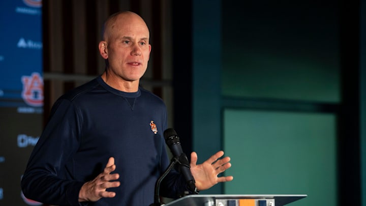 Auburn Tigers interim head coach DJ Durkin speaks during a press conference at Woltosz Football Performance Center in Auburn, Ala. on Monday, Nov. 3, 2025.