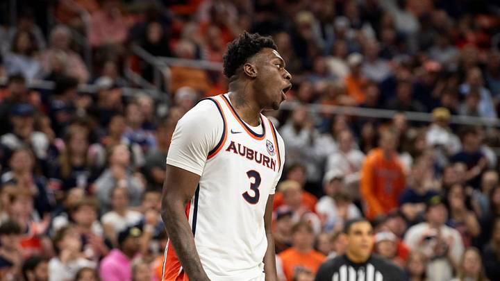 Auburn Tigers forward KeShawn Murphy (3) reacts to a play as Auburn Tigers take on Texas A&M Aggies at Neville Arena in Auburn, Ala. on Tuesday, Jan. 6, 2026. Texas A&M Aggies defeated Auburn Tigers 90-88.