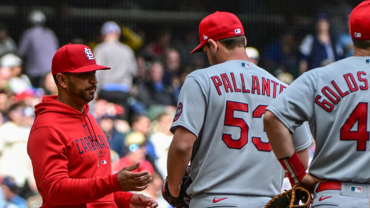 Apr 9, 2023; Milwaukee, Wisconsin, USA;  St. Louis Cardinals manager Oli Marmol makes a pitching change in the seventh inning during game against the Milwaukee Brewersat American Family Field. Mandatory Credit: Benny Sieu-USA TODAY Sports
