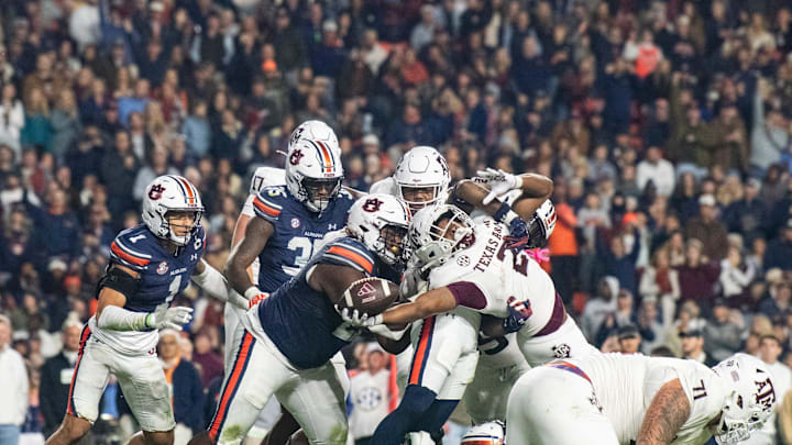 Texas A&M Aggies running back Rueben Owens (2) reaches across the goal line for a touchdown as Auburn Tigers take on Texas A&M Aggies at Jordan-Hare Stadium in Auburn, Ala., on Saturday, Sept. 7, 2024. Auburn Tigers lead Texas A&M Aggies 21-7 at halftime.