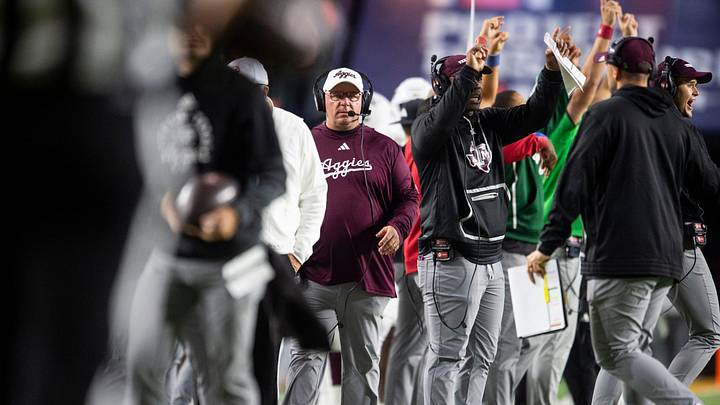 Texas A&M Aggies head coach Mike Elko watches on from the sideline as Auburn Tigers take on Texas A&M Aggies at Jordan-Hare Stadium in Auburn, Ala., on Saturday, Sept. 7, 2024. Auburn Tigers lead Texas A&M Aggies 21-7 at halftime.