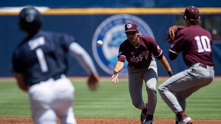 Texas A&M Aggies' Kaeden Kent (6) flips the ball to Ben Royo (10) for the double play as Auburn Tigers take on Texas A&M Aggies during the SEC baseball tournament at Hoover Met in Birmingham, Ala., on Thursday, May 22, 2025.