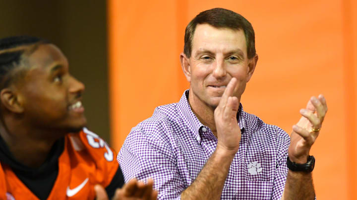 Clemson head coach Dabo Swinney during the Clemson Club football National Signing Day wrap up presented by Clemson Seneca Chick-Fil-A at the Poe Indoor Practice Facility at Clemson University in Clemson, S.C. Feb 5, 2025.