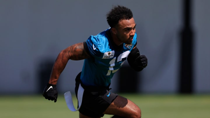 Jacksonville Jaguars wide receiver Christian Kirk (13) runs during an organized team activity Tuesday, May 28, 2024 at EverBank Stadium’s Miller Electric Center in Jacksonville, Fla.