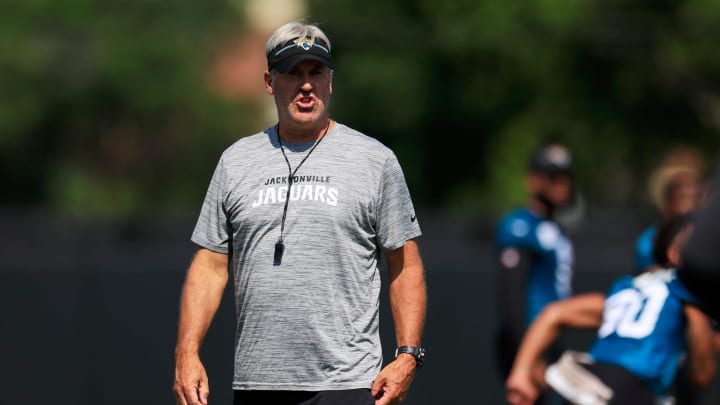 Jacksonville Jaguars head coach Doug Pederson coaches during an organized team activity Tuesday, May 28, 2024 at EverBank Stadium’s Miller Electric Center in Jacksonville, Fla.