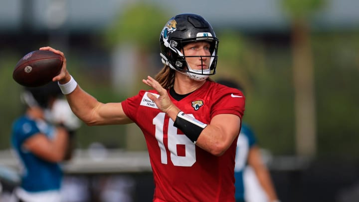 Jacksonville Jaguars quarterback Trevor Lawrence (16) throws the ball during the third day of an NFL football training camp practice Friday, July 26, 2024 at EverBank Stadium’s Miller Electric Center in Jacksonville, Fla.