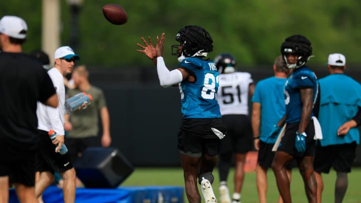 Jacksonville Jaguars wide receiver Denzel Mims (83) catches a pass during the third day of an NFL football training camp practice Friday, July 26, 2024 at EverBank Stadium’s Miller Electric Center in Jacksonville, Fla.