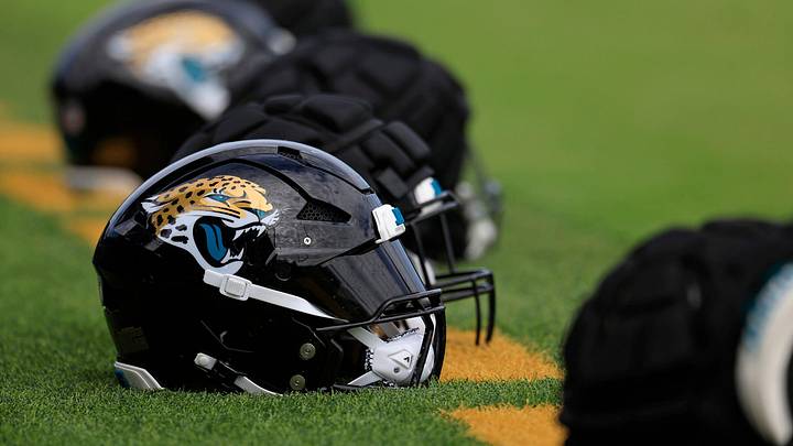 The helmet of Jacksonville Jaguars linebacker Josh Hines-Allen (41) sits at the back of the end zone during the third day of an NFL football training camp practice Friday, July 26, 2024 at EverBank Stadiumâ€™s Miller Electric Center in Jacksonville, Fla.