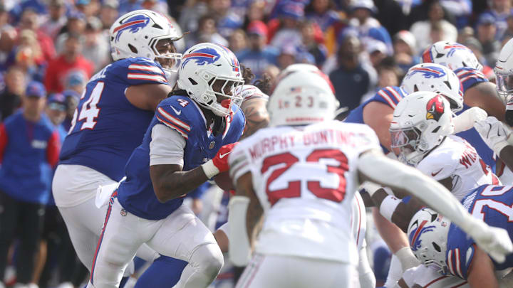 Bills James Cook runs up the middle for several yards during the second half action at Highmark Stadium in Orchard Park on Sept. 8, 2024.