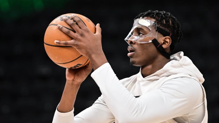 Mar 19, 2023; Milwaukee, Wisconsin, USA; Toronto Raptors center Christian Koloko (35) warms up before game against the Milwaukee Bucks at Fiserv Forum. Mandatory Credit: Benny Sieu-USA TODAY Sports