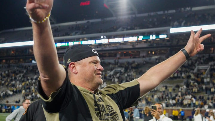 Nov 18, 2023; Atlanta, Georgia, USA; Georgia Tech Yellow Jackets head coach Brent Key celebrates after a victory against the Syracuse Orange at Bobby Dodd Stadium at Hyundai Field. Mandatory Credit: Brett Davis-USA TODAY Sports
