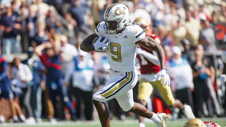 Oct 21, 2023; Atlanta, Georgia, USA; Georgia Tech Yellow Jackets wide receiver Avery Boyd (9) runs after a catch for a touchdown against the Boston College Eagles in the second half at Bobby Dodd Stadium at Hyundai Field. Mandatory Credit: Brett Davis-Imagn Images
