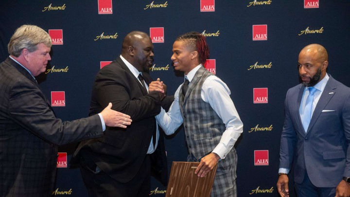 2023 Mr. Football Saraland   s Ryan Williams is congratulated during the Alabama Sports Writers Association   s players of the year banquet at Renaissance Hotel in Montgomery, Ala., on Tuesday, Jan. 30, 2024.