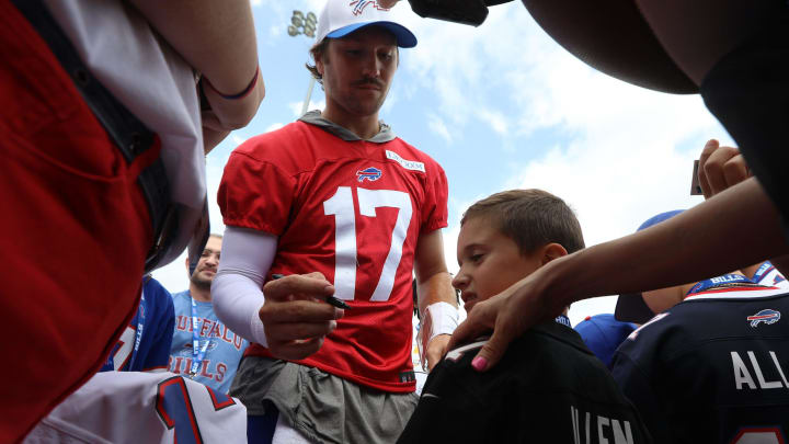 Bills QB Josh Allen signed autographs for a bunch of children on the field at the end of Bills training camp at St. John Fisher University in Pittsford, NY on August 8, 2024. Today was the last day at St. John Fisher.