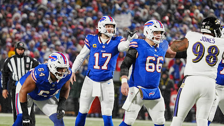Buffalo Bills quarterback Josh Allen points to something he sees in the Ravens line up during first half action at the Buffalo Bills divisional game against the Baltimore Ravens at Highmark Stadium in Orchard Park on Jan. 19, 2025.