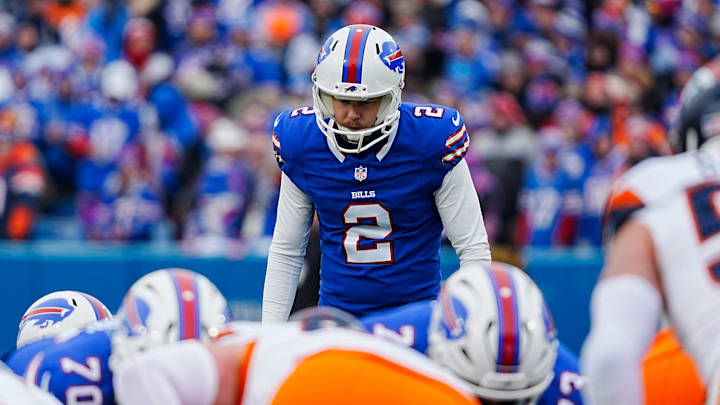 Buffalo Bills place kicker Tyler Bass gets ready to kick a field goal during the first half of the Buffalo Bills wild card game against the Denver Broncos at Highmark Stadium in Orchard Park on Jan. 12, 2025. Buffalo Bills place kicker Tyler Bass gets ready to kick a field goal during the first half of the Buffalo Bills wild card game against the Denver Broncos at Highmark Stadium in Orchard Park on Jan. 12, 2025.