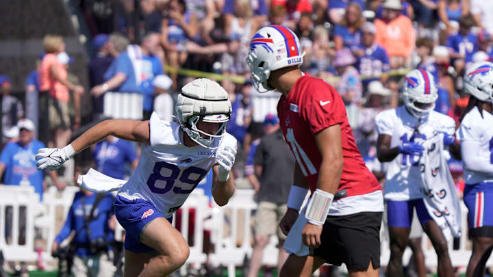 Buffalo Bills wide receiver Stephen Gosnell runs behind back up quarterback Mitchell Trubisky during opening day of the Buffalo Bills training camp at St. John Fisher University in Pittsford on July 23, 2025. Buffalo Bills wide receiver Stephen Gosnell runs behind back up quarterback Mitchell Trubisky during opening day of the Buffalo Bills training camp at St. John Fisher University in Pittsford on July 23, 2025.
