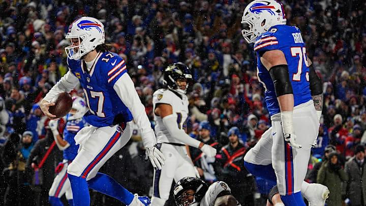 Bills Josh Allen hops into the end zone for a touchdown against the Baltimore Ravens last January. Bills Josh Allen hops into the end zone for a touchdown against the Baltimore Ravens last January.