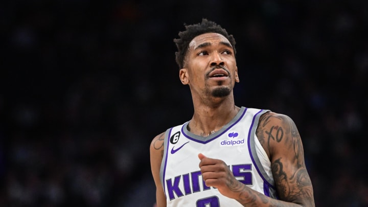 Dec 7, 2022; Milwaukee, Wisconsin, USA; Sacramento Kings guard Malik Monk (0) reacts in the second quarter during game against the Milwaukee Bucks at Fiserv Forum. Mandatory Credit: Benny Sieu-USA TODAY Sports