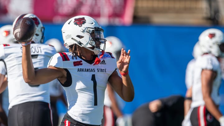 Arkansas State Red Wolves quarterback Jaylen Raynor (1) warms up before Arkansas State Red Wolves take on the Northern Illinois Huskies during the Camellia Bowl at Cramton Bowl in Montgomery, Ala., on Saturday, Dec. 23, 2023.