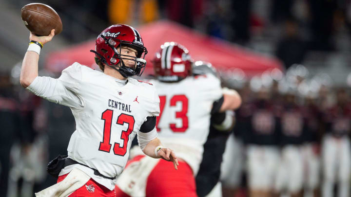 Central Phenix City's Andrew Alford (13) throws the ball as Central Phenix City faces Thompson in the Class 7A football state championship at Bryant-Denny Stadium in Tuscaloosa, Ala., on Wednesday, Dec. 6, 2023. Central Phenix City defeated Thompson 21-19.