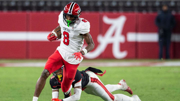 Central Phenix City's Cameron Coleman (8) breaks free for a touchdown after a catch as Central Phenix City faces Thompson in the Class 7A football state championship at Bryant-Denny Stadium in Tuscaloosa, Ala., on Wednesday, Dec. 6, 2023. Central Phenix City defeated Thompson 21-19.