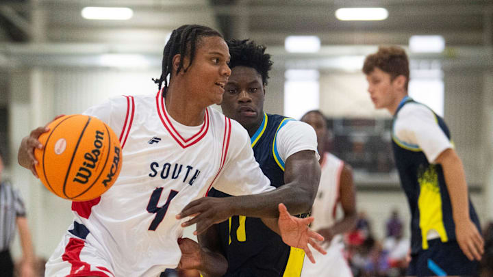 South All-Star Baker’s Desmond Williams (4) drives the ball during the AHSAA All-Star boys basketball game at Cramton Bowl Multiplex in Montgomery, Ala., on Tuesday, July 16, 2024. North All-Stars defeated South All-Stars 97-85.