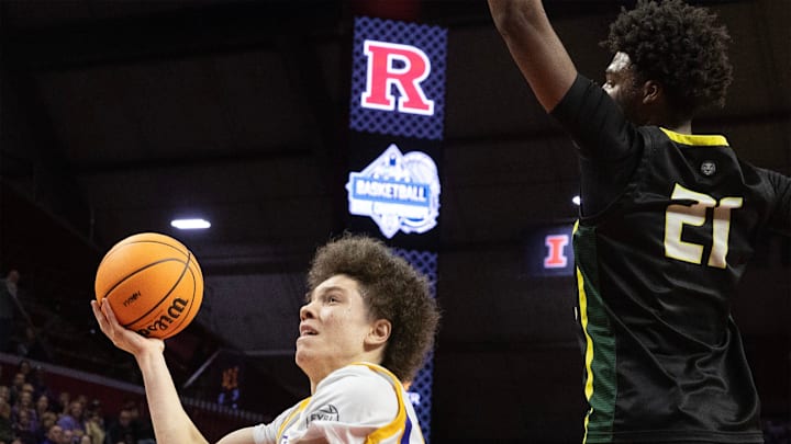 St. Rose’s Jayden Hodge shoots off balance in early action. St. Rose Boys Basketball loses to Roselle Catholic 55-51 in Non-Public B boys basketball state championship in Piscataway on March 14, 2025.