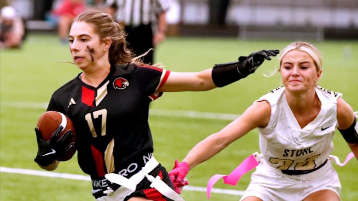 Ravenwood's Reese Mackenzie (17) carries the ball as Stone Memorial's Hope “Lily” Hinch (24) goes after her flag during the Championship game in the TSSAA girls flag football state invitational, on Thursday, May 8, 2025, at Murfreesboro's Richard Siegel Park. Ravenwood's Reese Mackenzie (17) carries the ball as Stone Memorial's Hope “Lily” Hinch (24) goes after her flag during the Championship game in the TSSAA girls flag football state invitational, on Thursday, May 8, 2025, at Murfreesboro's Richard Siegel Park.