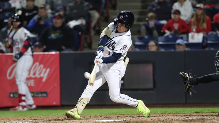 Binghamton's Drew Gilbert connects for a three-run home run, tying the game 6-6 in the bottom of the sixth inning. The Erie SeaWolves won, 9-6, in the first game of the Eastern League championship series on Sept. 25, 2023 in Binghamton.