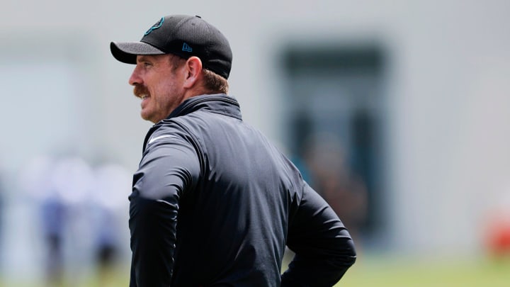 Jacksonville Jaguars defensive coordinator Ryan Nielsen coaches during an organized team activity Tuesday, May 28, 2024 at EverBank Stadium’s Miller Electric Center in Jacksonville, Fla.