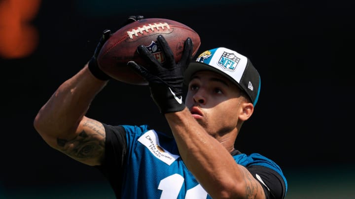 Jacksonville Jaguars wide receiver Parker Washington (11) catches a pass during an organized team activity Tuesday, May 28, 2024 at EverBank Stadium’s Miller Electric Center in Jacksonville, Fla.