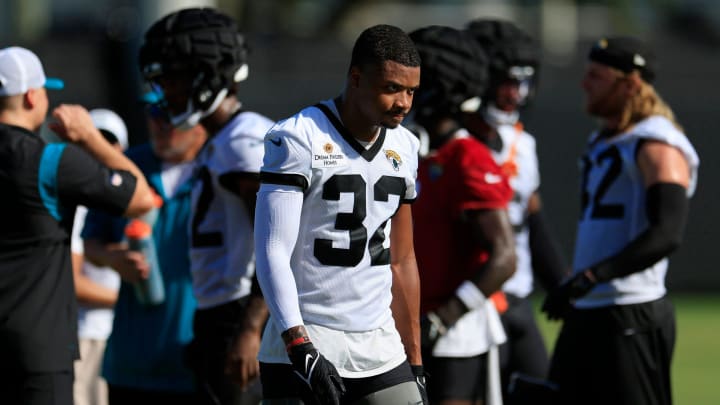 Jacksonville Jaguars cornerback Tyson Campbell (32) walks on the field during the first day of an NFL football training camp practice Wednesday, July 24, 2024 at EverBank Stadium’s Miller Electric Center in Jacksonville, Fla.