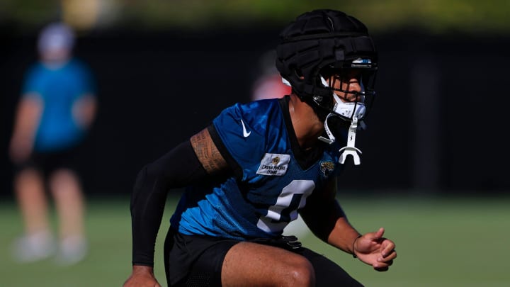 Jacksonville Jaguars wide receiver Gabe Davis (0) runs a route during the first day of an NFL football training camp practice Wednesday, July 24, 2024 at EverBank Stadium’s Miller Electric Center in Jacksonville, Fla.