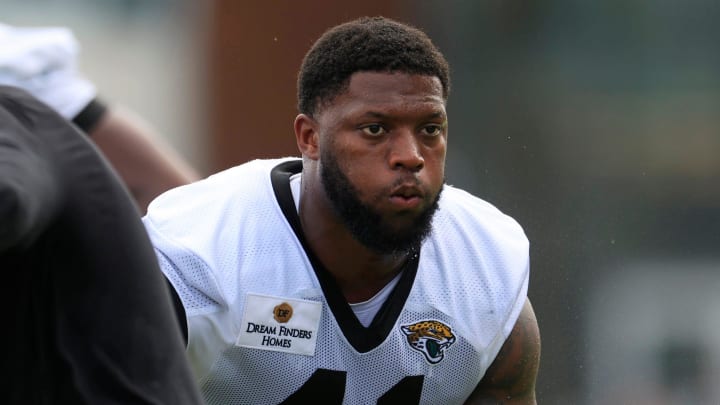 Jacksonville Jaguars linebacker Josh Hines-Allen (41) runs a drill during the third day of an NFL football training camp practice Friday, July 26, 2024 at EverBank Stadium’s Miller Electric Center in Jacksonville, Fla.