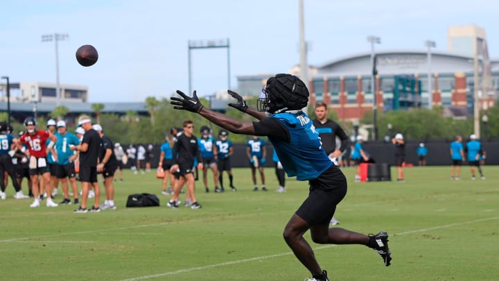 Jacksonville Jaguars wide receiver Brian Thomas Jr. (7) eyes the ball during the third day of an NFL football training camp practice Friday, July 26, 2024 at EverBank Stadium’s Miller Electric Center in Jacksonville, Fla.