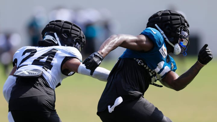 Jacksonville Jaguars cornerback De'Antre Prince (24) defends against wide receiver Seth Williams (18) during the seventh day of an NFL football training camp practice Wednesday, July 31, 2024 at EverBank Stadium’s Miller Electric Center in Jacksonville, Fla.