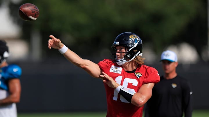 Jacksonville Jaguars quarterback Trevor Lawrence (16) throws the ball during the seventh day of an NFL football training camp practice Wednesday, July 31, 2024 at EverBank Stadium’s Miller Electric Center in Jacksonville, Fla.