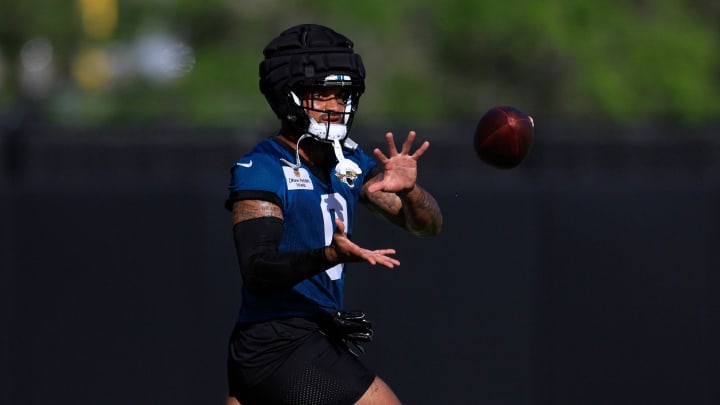 Jacksonville Jaguars wide receiver Gabe Davis (0) catches a pass during the first day of an NFL football training camp practice Wednesday, July 24, 2024 at EverBank Stadium’s Miller Electric Center in Jacksonville, Fla.