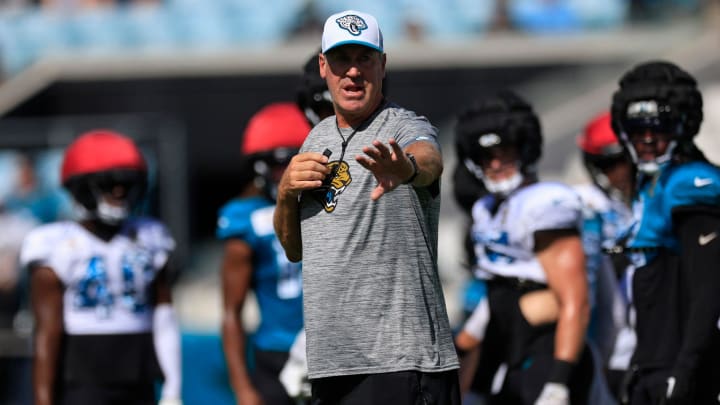 Jacksonville Jaguars head coach Doug Pederson directs during the ninth day of an NFL football training camp practice Saturday, Aug. 3, 2024 at EverBank Stadium in Jacksonville, Fla. Today marked the first day of public practice inside the stadium.