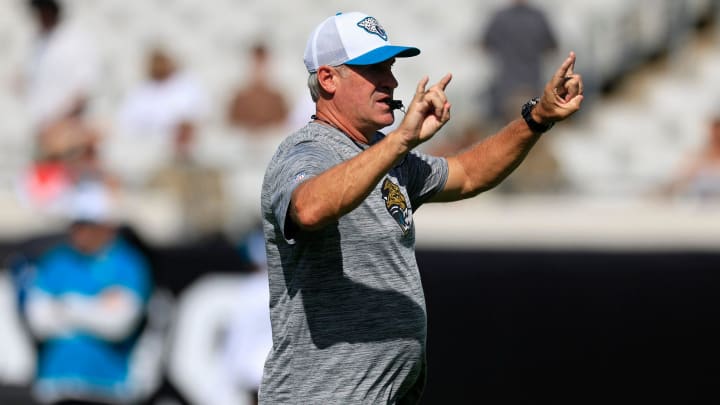 Jacksonville Jaguars head coach Doug Pederson directs practice during the ninth day of an NFL football training camp practice Saturday, Aug. 3, 2024 at EverBank Stadium in Jacksonville, Fla. Today marked the first day of public practice inside the stadium.