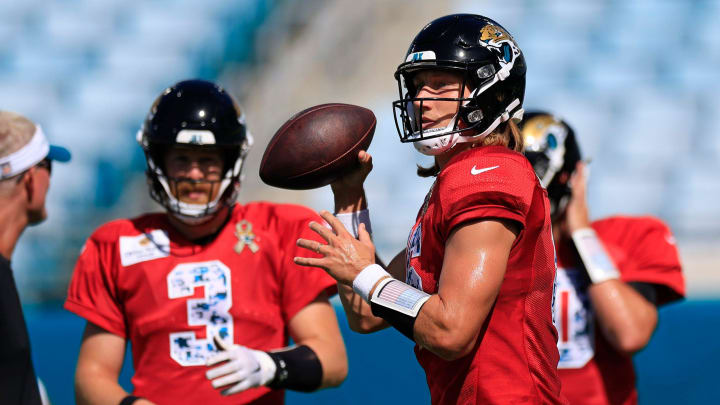 Jacksonville Jaguars quarterback Trevor Lawrence (16) looks to throw during the ninth day of an NFL football training camp practice Saturday, Aug. 3, 2024 at EverBank Stadium in Jacksonville, Fla. Today marked the first day of public practice inside the stadium.