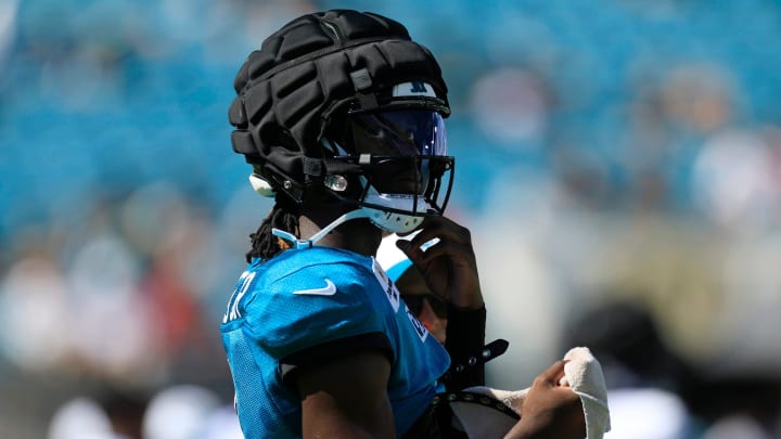 Jacksonville Jaguars wide receiver Brian Thomas Jr. (7) looks on during the ninth day of an NFL football training camp practice Saturday, Aug. 3, 2024 at EverBank Stadium in Jacksonville, Fla. Today marked the first day of public practice inside the stadium.