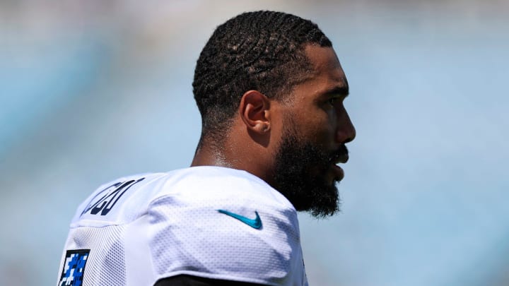 Jacksonville Jaguars safety Andre Cisco (5) looks on during the ninth day of an NFL football training camp practice Saturday, Aug. 3, 2024 at EverBank Stadium in Jacksonville, Fla. Today marked the first day of public practice inside the stadium.