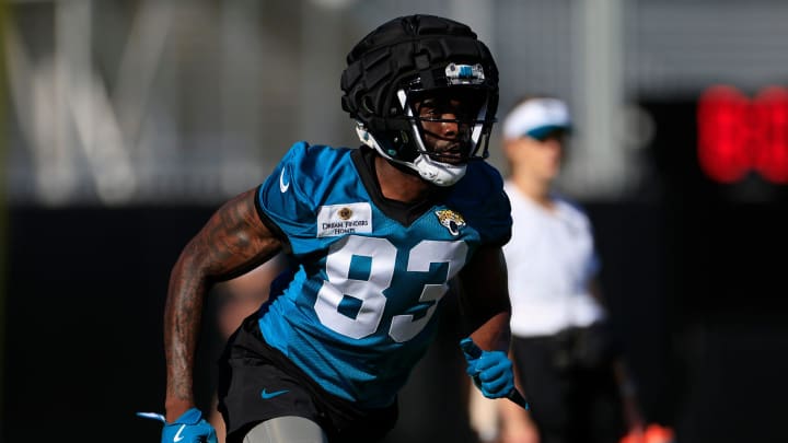 Jacksonville Jaguars wide receiver Denzel Mims (83) runs during the first day of an NFL football training camp practice Wednesday, July 24, 2024 at EverBank Stadium’s Miller Electric Center in Jacksonville, Fla.