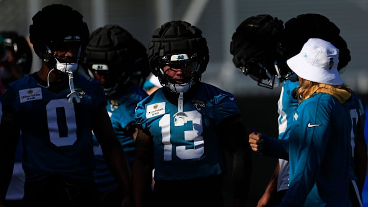 Jacksonville Jaguars wide receiver Christian Kirk (13) looks on during the first day of an NFL football training camp practice Wednesday, July 24, 2024 at EverBank Stadium’s Miller Electric Center in Jacksonville, Fla.