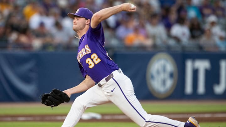 LSU pitcher Kade Anderson throws during an SEC Tournament game against Texas A&M on May 23 at Hoover Metropolitan Stadium. LSU pitcher Kade Anderson throws during an SEC Tournament game against Texas A&M on May 23 at Hoover Metropolitan Stadium.