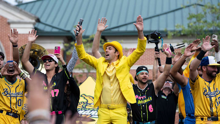 Owner Jesse Cole leads a dance before the Auburn Tigers face off with the Banana Ball All-Stars at Plainsman Park in Auburn, Ala. on Saturday, Oct. 25, 2025.
