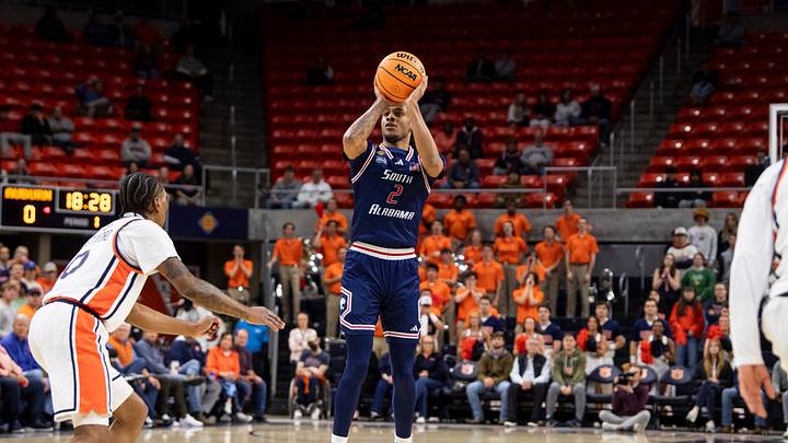 South Alabama Jaguars Chaze Harris (2) takes a jump shot as Auburn Tigers take on South Alabama Jaguars during the first round of the National Invitation Tournament at Neville Arena in Auburn, Ala. on Tuesday, March 17, 2026.