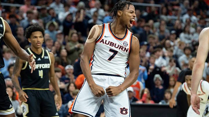 Auburn Tigers forward Keyshawn Hall (7) celebrates a basket as Auburn Tigers take on Wofford Terriers at Neville Arena in Auburn, Ala. on Tuesday, Nov. 11, 2025. Auburn Tigers defeated Wofford Terriers 93-62.